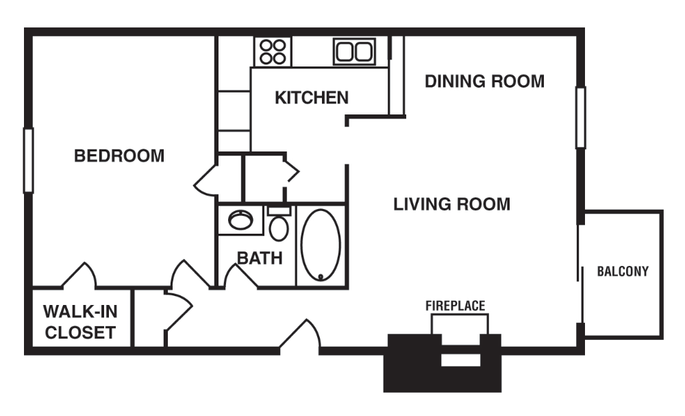 Floor plan for 1 bed, 1 bath, 720 sqft